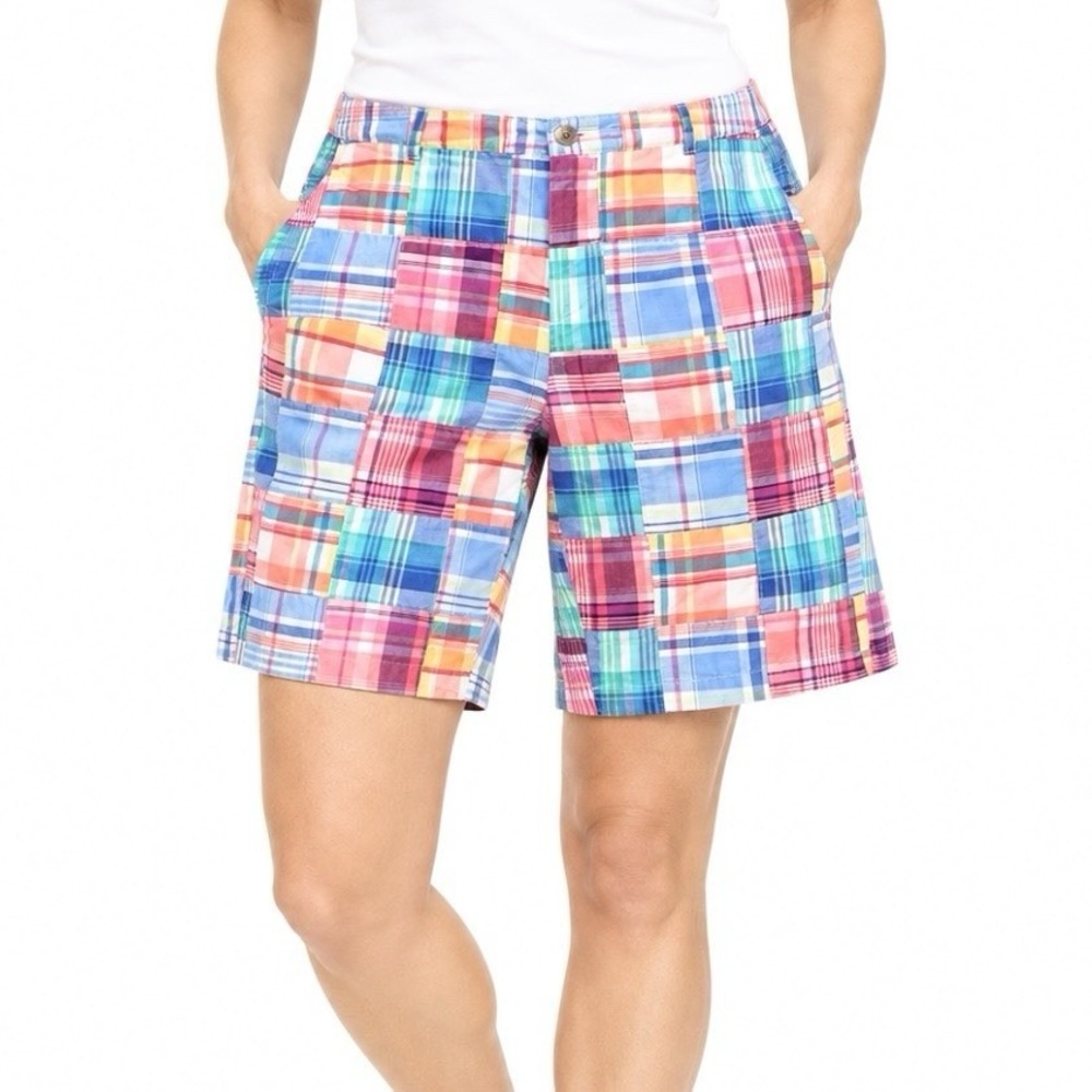 LL Bean Lakewashed Patchwork Madras Plaid Chino Bermuda Shorts Pockets 10
